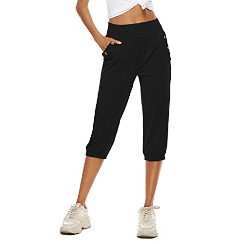 OEAK Damen 3/4 Länge Haramshosen Leicht Pumphose Baumwolle Leinen Capris Sommerhose Elastische Taille Freizeithosen Baggy Jogginghose,Schwarz,XL von OEAK