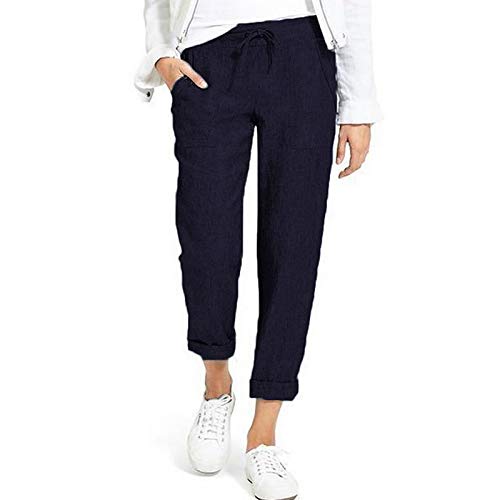 OEAK Damen 7/8 Länge High Waist Sommerhose Leicht Baumwolle Leinenhose mit Gummizug Freizeithose Strandhose Beiläufig Weich Haremshose Yogahose Hose (Dunkel Blau, M) von OEAK