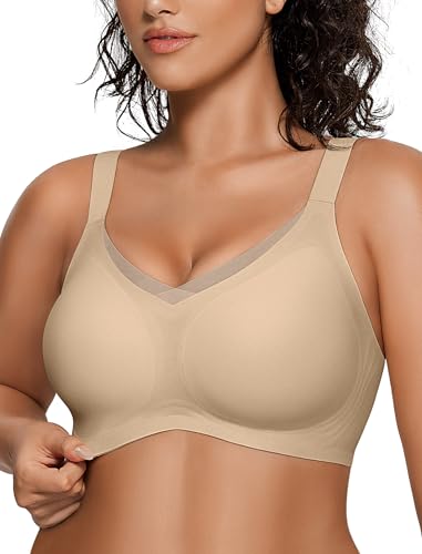 OEAK Damen BH Ohne Bügel Push Up Nahtloser Crossover Mesh V-Ausschnitt Bustier Bügelloser Gepolstert Glatter BHS mit zusätzlicher Verlängerung,Semolina,L von OEAK