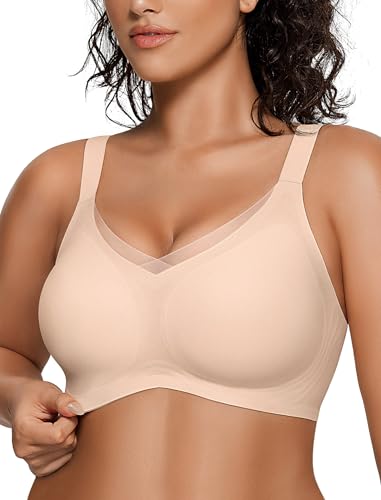 OEAK Damen BH Ohne Bügel Push Up Nahtloser Crossover Mesh V-Ausschnitt Bustier Bügelloser Gepolstert Glatter BHS mit zusätzlicher Verlängerung,Hautfarbe,L von OEAK