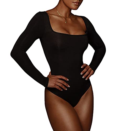 OEAK Damen Body Langarm Bodysuit Shirts Sexy Rückenfrei Jumpsuit mit Quadratischem Kragen Overall Elegant Langarmbody Shapewear,Schwarz,S von OEAK