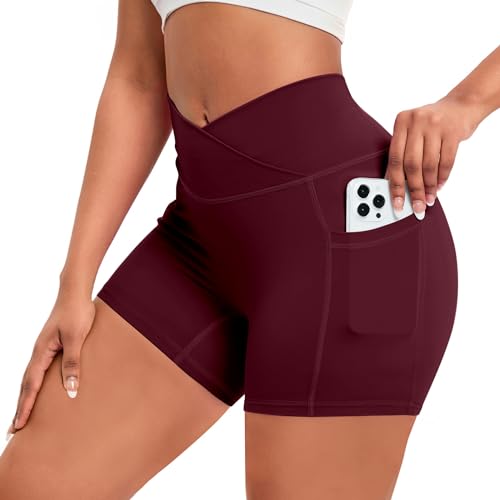 OEAK Damen Gym Shorts V Cross Scrunch Butt Sportshorts mit Handytasche High Wasit Push Up Kurz Leggings Sporthose Nahtlos Booty Laufhose Radlerhose(1PC Weinrot，M) von OEAK