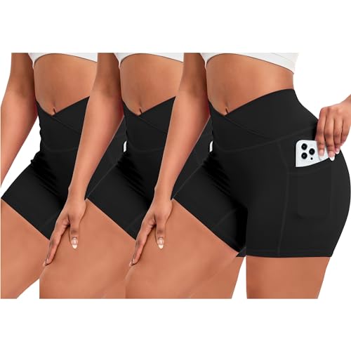 OEAK Damen Gym Shorts V Cross Scrunch Butt Sportshorts mit Handytasche High Wasit Push Up Kurz Leggings Sporthose Nahtlos Booty Laufhose Radlerhose(3PCS Schwarz+ Schwarz+Schwarz，L) von OEAK