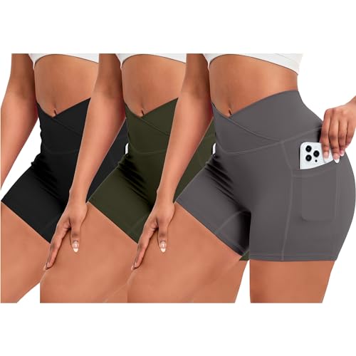 OEAK Damen Gym Shorts V Cross Scrunch Butt Sportshorts mit Handytasche High Wasit Push Up Kurz Leggings Sporthose Nahtlos Booty Laufhose Radlerhose(3PCS Schwarz + Dunkelgrau + Armeegrün，L) von OEAK