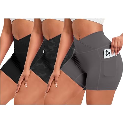 OEAK Damen Gym Shorts V Cross Scrunch Butt Sportshorts mit Handytasche High Wasit Push Up Kurz Leggings Sporthose Nahtlos Booty Laufhose Radlerhose(3PCS Schwarz + Dunkelgrau + Tarnung Grau，S) von OEAK