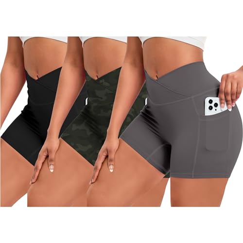 OEAK Damen Gym Shorts V Cross Scrunch Butt Sportshorts mit Handytasche High Wasit Push Up Kurz Leggings Sporthose Nahtlos Booty Laufhose Radlerhose(3PCS Schwarz + Dunkelgrau + Tarnung Grün，S) von OEAK