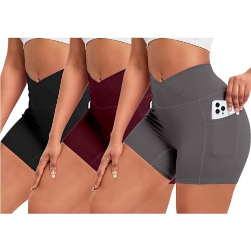 OEAK Damen Gym Shorts V Cross Scrunch Butt Sportshorts mit Handytasche High Wasit Push Up Kurz Leggings Sporthose Nahtlos Booty Laufhose Radlerhose(3PCS Schwarz + Dunkelgrau + Weinrot，M) von OEAK