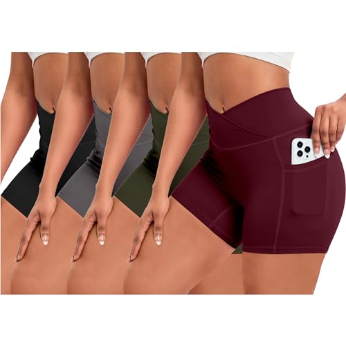 OEAK Damen Gym Shorts V Cross Scrunch Butt Sportshorts mit Handytasche High Wasit Push Up Kurz Leggings Sporthose Nahtlos Booty Laufhose Radlerhose(4PCS Schwarz + Dunkelgrau + Weinrot + Armeegrün，XL) von OEAK