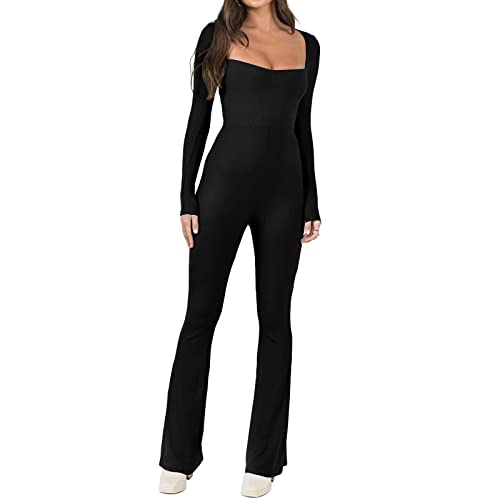 OEAK Damen Jumpsuit Elegant Langarm Overall mit Eckigem Ausschnitt Stretch Bodycon Bodysuit Lang Hosenanzug Playsuit Romper,Schwarz,M von OEAK