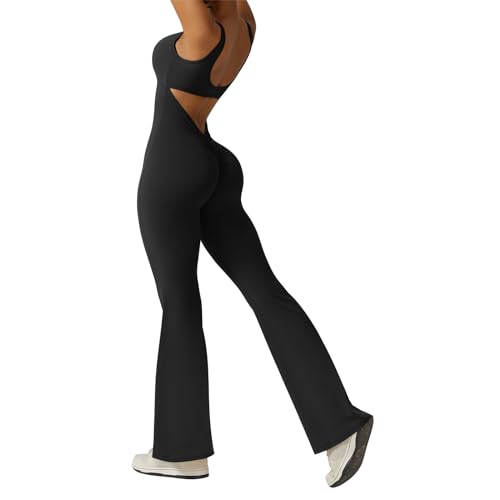 OEAK Damen Jumpsuit Flared Eng Ärmellos Rückenfrei Yoga Overall Elegant Hosenanzug Scrunch Butt Bodysuit Einteiler Ganzkörperanzug Weites Bein Romper(Schwarz，L) von OEAK