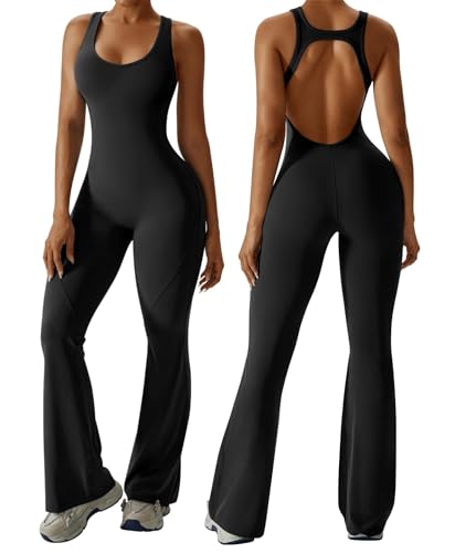 OEAK Damen Jumpsuit Flared Eng Ärmellos Yoga Overall Elegant Hosenanzug H-Rücken Bodysuit Einteiler Bootcut Onepiece Ganzkörperanzug Weites Bein Romper,Schwarz,S von OEAK