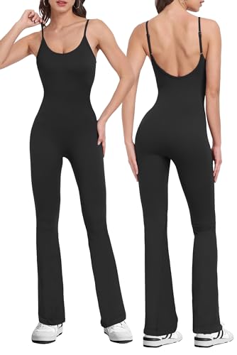 OEAK Damen Jumpsuit Flared Eng Ärmellos Yoga Overall Elegant Hosenanzug Spaghetti-Träger Bodysuit Einteiler Ganzkörperanzug Sommer Romper, Schwarz,S von OEAK