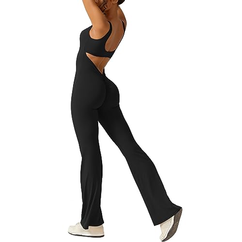 OEAK Damen Jumpsuit Flared Eng Ärmellos Yoga Overall Elegant Hosenanzug V Back Bodysuit Einteiler Bootcut Onepiece Ganzkörperanzug Weites Bein Romper,Schwarz,XS von OEAK