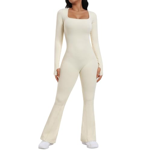 OEAK Damen Jumpsuit Flared Langarm Yoga Overall Elegant Hosenanzug Quadratischer Ausschnitt Bodysuit Einteiler Ganzkörperanzug Weites Bein Romper(Beige，S) von OEAK