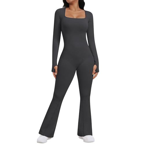 OEAK Damen Jumpsuit Flared Langarm Yoga Overall Elegant Hosenanzug Quadratischer Ausschnitt Bodysuit Einteiler Ganzkörperanzug Weites Bein Romper(Dunkelgrau，M) von OEAK