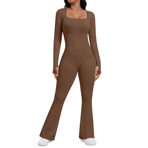 OEAK Damen Jumpsuit Flared Langarm Yoga Overall Elegant Hosenanzug Quadratischer Ausschnitt Bodysuit Einteiler Ganzkörperanzug Weites Bein Romper(Kaffee，S) von OEAK