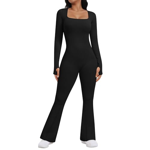 OEAK Damen Jumpsuit Flared Langarm Yoga Overall Elegant Hosenanzug Quadratischer Ausschnitt Bodysuit Einteiler Ganzkörperanzug Weites Bein Romper(Schwarz，L) von OEAK