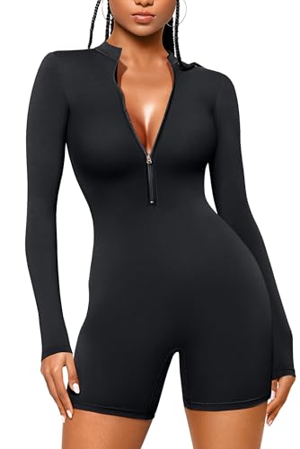 OEAK Damen Jumpsuit Kurz Sommer Eng Yoga Bodysuit Overall Langarm V-Ausschnitt Playsuits mit Reißverschluss Einteiliger Sportanzug Ganzkörperanzug,Schwarz,M von OEAK