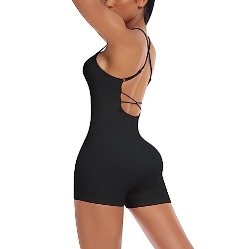 OEAK Damen Jumpsuit Sexy Rückenfrei Bodysuit Stretch Yoga Overall Kurz Ärmellos Playsuits Einteiler Hosenanzug Trainingsanzug Workout Sport Romper Outfits,Schwarz,S von OEAK