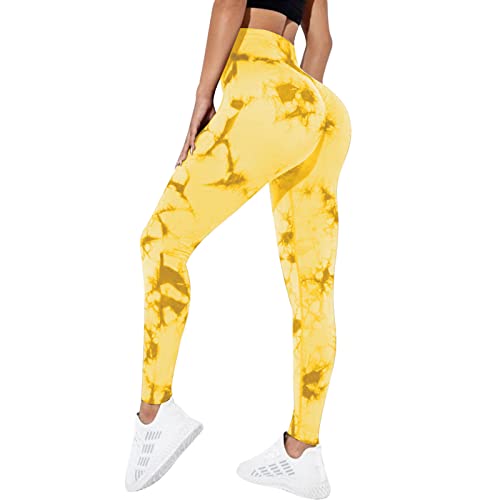 OEAK Damen Scrunch Butt Sport Leggings High Waist Push Up Boom Booty Leggings Bachkontrolle Blickdicht Sporthose Nahtlos Gym Yogahosen,Tie Dye Gelb,M von OEAK