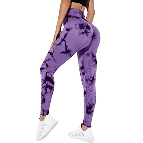 OEAK Damen Scrunch Butt Sport Leggings High Waist Push Up Boom Booty Leggings Bachkontrolle Blickdicht Sporthose Nahtlos Gym Yogahosen,Tie Dye Lila,L von OEAK