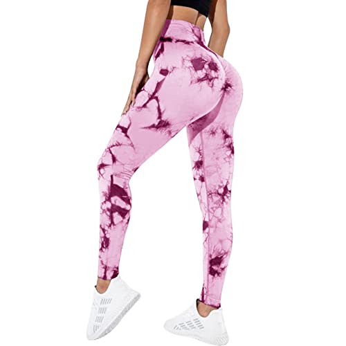 OEAK Damen Scrunch Butt Sport Leggings High Waist Push Up Boom Booty Leggings Bachkontrolle Blickdicht Sporthose Nahtlos Gym Yogahosen,Tie Dye Rosa,L von OEAK