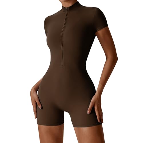 OEAK Damen Sport Jumpsuit Kurz Eng Yoga Bodysuit Overall Langarm/Kurzarm V-Ausschnitt Playsuits mit Reißverschluss Einteiliger Bodycon Strampler Ganzkörperanzug,Kurzarm-Kaffee,L von OEAK