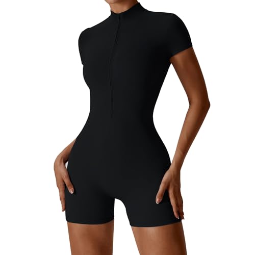 OEAK Damen Sport Jumpsuit Kurz Eng Yoga Bodysuit Overall Langarm/Kurzarm V-Ausschnitt Playsuits mit Reißverschluss Einteiliger Bodycon Strampler Ganzkörperanzug,Kurzarm-Schwarz,S von OEAK