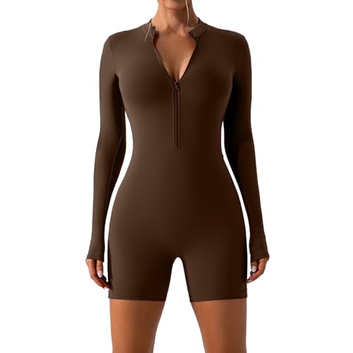 OEAK Damen Sport Jumpsuit Kurz Eng Yoga Bodysuit Overall Langarm/Kurzarm V-Ausschnitt Playsuits mit Reißverschluss Einteiliger Bodycon Strampler Ganzkörperanzug,Langarm-Dunkelbraun,M von OEAK