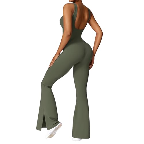 OEAK Damen Sport Jumpsuit Lang Eng Flare Jumpsuits Elegant Hosenanzug Ärmellos Yoga Overall Einteiler Ganzkörperanzug Weites Bein Romper Schlaghosen,Armeegrün,L von OEAK