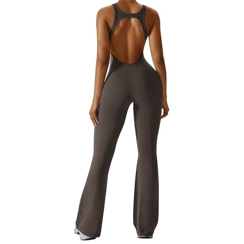 OEAK Damen Sport Jumpsuit Lang Eng Flare Jumpsuits Elegant Hosenanzug Ärmellos Yoga Overall Einteiler Ganzkörperanzug Weites Bein Romper Schlaghosen,H-Rücken Braun,L von OEAK