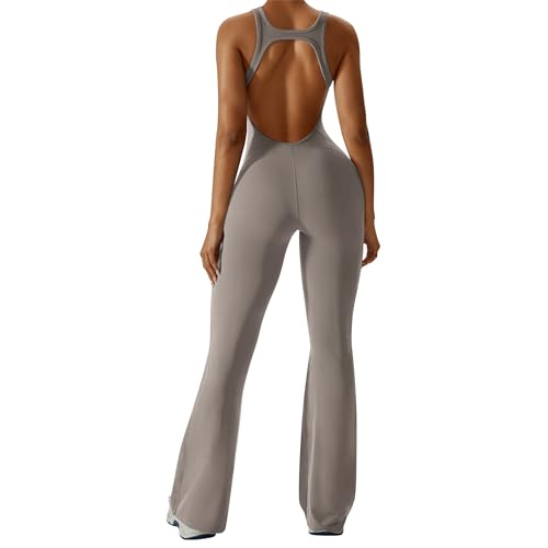 OEAK Damen Sport Jumpsuit Lang Eng Flare Jumpsuits Elegant Hosenanzug Ärmellos Yoga Overall Einteiler Ganzkörperanzug Weites Bein Romper Schlaghosen,H-Rücken Hellbraun,L von OEAK