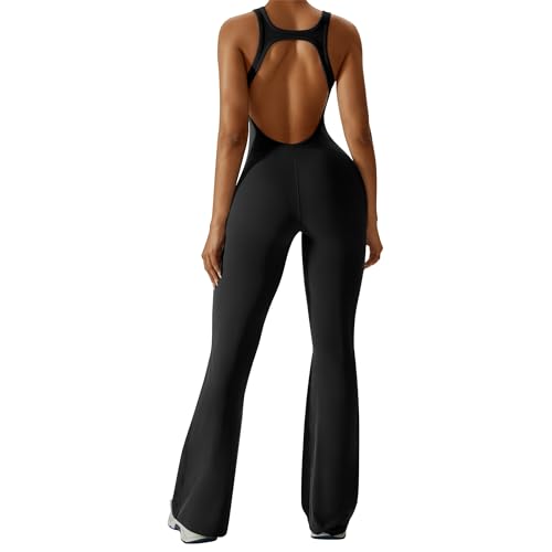 OEAK Damen Sport Jumpsuit Lang Eng Flare Jumpsuits Elegant Hosenanzug Ärmellos Yoga Overall Einteiler Ganzkörperanzug Weites Bein Romper Schlaghosen,H-Rücken Tiefschwarz,L von OEAK