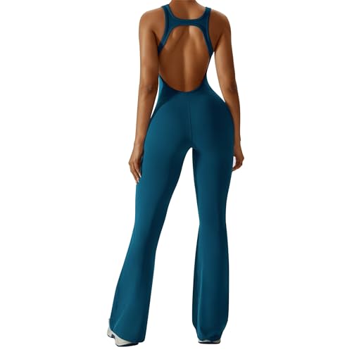 OEAK Damen Sport Jumpsuit Lang Eng Flare Jumpsuits Elegant Hosenanzug Ärmellos Yoga Overall Einteiler Ganzkörperanzug Weites Bein Romper Schlaghosen,H-Rücken Tiefseeblau,L von OEAK