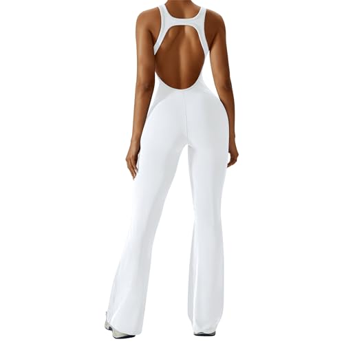 OEAK Damen Sport Jumpsuit Lang Eng Flare Jumpsuits Elegant Hosenanzug Ärmellos Yoga Overall Einteiler Ganzkörperanzug Weites Bein Romper Schlaghosen,H-Rücken Weiß,L von OEAK