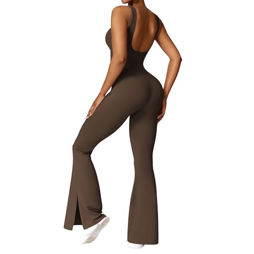 OEAK Damen Sport Jumpsuit Lang Eng Flare Jumpsuits Elegant Hosenanzug Ärmellos Yoga Overall Einteiler Ganzkörperanzug Weites Bein Romper Schlaghosen,Kaffee,L von OEAK