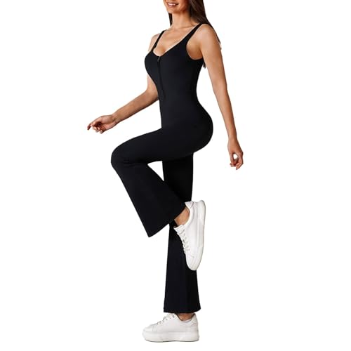 OEAK Damen Sport Jumpsuit Lang Eng Flare Jumpsuits Elegant Hosenanzug Ärmellos Yoga Overall Einteiler Ganzkörperanzug Weites Bein Romper Schlaghosen,Kohlenschwarz mit Reißverschluss,M von OEAK