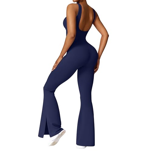 OEAK Damen Sport Jumpsuit Lang Eng Flare Jumpsuits Elegant Hosenanzug Ärmellos Yoga Overall Einteiler Ganzkörperanzug Weites Bein Romper Schlaghosen,Marineblau,L von OEAK