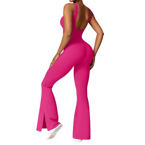 OEAK Damen Sport Jumpsuit Lang Eng Flare Jumpsuits Elegant Hosenanzug Ärmellos Yoga Overall Einteiler Ganzkörperanzug Weites Bein Romper Schlaghosen,Rosa,XS von OEAK