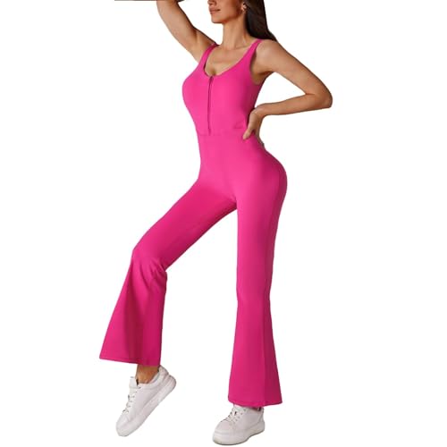 OEAK Damen Sport Jumpsuit Lang Eng Flare Jumpsuits Elegant Hosenanzug Ärmellos Yoga Overall Einteiler Ganzkörperanzug Weites Bein Romper Schlaghosen,Rosenrot mit Reißverschluss,M von OEAK