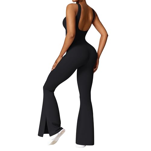 OEAK Damen Sport Jumpsuit Lang Eng Flare Jumpsuits Elegant Hosenanzug Ärmellos Yoga Overall Einteiler Ganzkörperanzug Weites Bein Romper Schlaghosen,Schwarz,L von OEAK