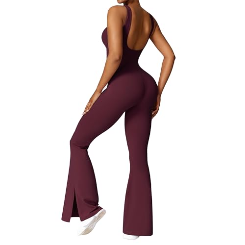 OEAK Damen Sport Jumpsuit Lang Eng Flare Jumpsuits Elegant Hosenanzug Ärmellos Yoga Overall Einteiler Ganzkörperanzug Weites Bein Romper Schlaghosen,Weinrot,L von OEAK