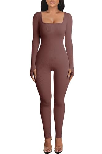 OEAK Damen Sport Jumpsuit Lang Eng Yoga Bodysuit Overall Stretch Langarm Bodycon Strampler Sportanzug Einteiler Hosenanzug Trainingsanzug,Braun,L von OEAK