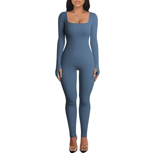 OEAK Damen Sport Jumpsuit Lang Eng Yoga Bodysuit Overall Stretch Langarm Bodycon Strampler Sportanzug Einteiler Hosenanzug Trainingsanzug,Dunkelblau,L von OEAK