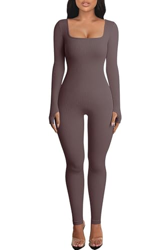 OEAK Damen Sport Jumpsuit Lang Eng Yoga Bodysuit Overall Stretch Langarm Bodycon Strampler Sportanzug Einteiler Hosenanzug Trainingsanzug,Dunkelbraun,L von OEAK