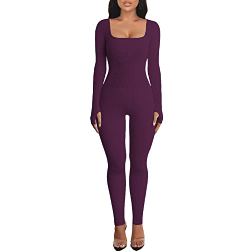 OEAK Damen Sport Jumpsuit Lang Eng Yoga Bodysuit Overall Stretch Langarm Bodycon Strampler Sportanzug Einteiler Hosenanzug Trainingsanzug,Fuchsie,S von OEAK