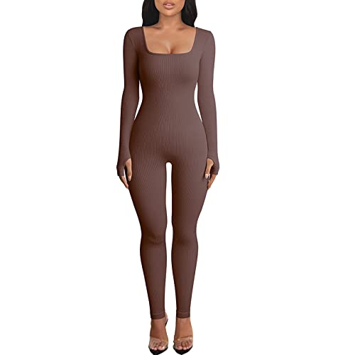 OEAK Damen Sport Jumpsuit Lang Eng Yoga Bodysuit Overall Stretch Langarm Bodycon Strampler Sportanzug Einteiler Hosenanzug Trainingsanzug,Kaffee,M von OEAK