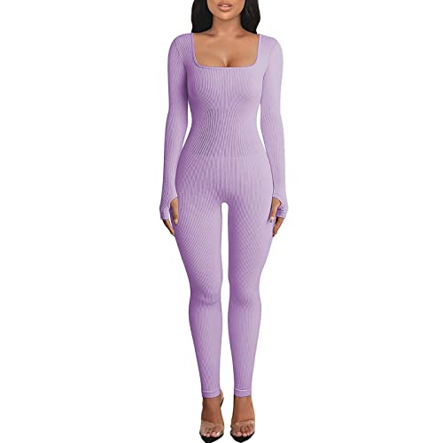 OEAK Damen Sport Jumpsuit Lang Eng Yoga Bodysuit Overall Stretch Langarm Bodycon Strampler Sportanzug Einteiler Hosenanzug Trainingsanzug,Lila,M von OEAK