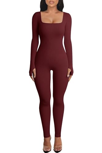 OEAK Damen Sport Jumpsuit Lang Eng Yoga Bodysuit Overall Stretch Langarm Bodycon Strampler Sportanzug Einteiler Hosenanzug Trainingsanzug,Weinrot,M von OEAK