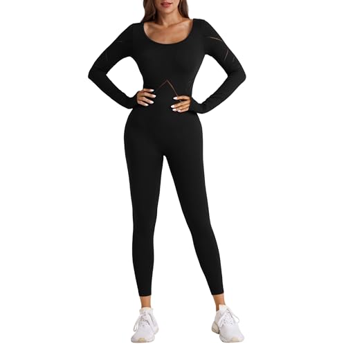 OEAK Damen Sport Jumpsuit Lang Eng Yoga Bodysuit Overall U-Ausschnitt Rückenfrei Playsuits Langarm Bodycon Strampler Einteiler Jogginganzug (Schwarz，M) von OEAK